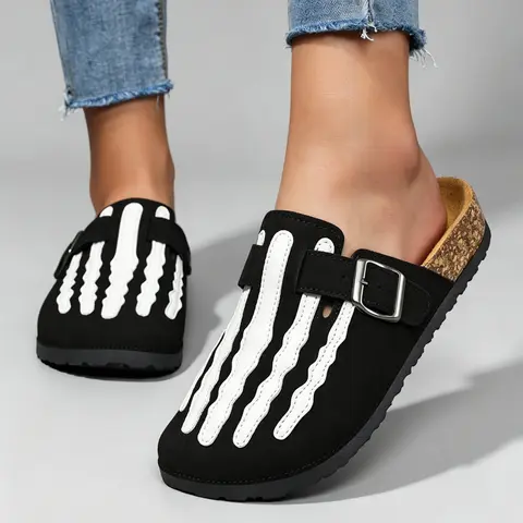 Women's Mule Slippers - Casual Gothic Halloween Footwear, Adjustable Strap Buckle, Cedar Insoles, Avant-Garde Street Colorblock Shoes for Women