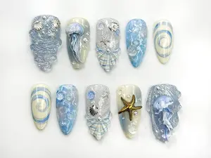 Ocean Dream Jellyfish Press On Nails | Blue Sea Fantasy Nail Art Set | 3D Shell & Starfish Nails | Handmade Oceanic Nail Design | JB782HC