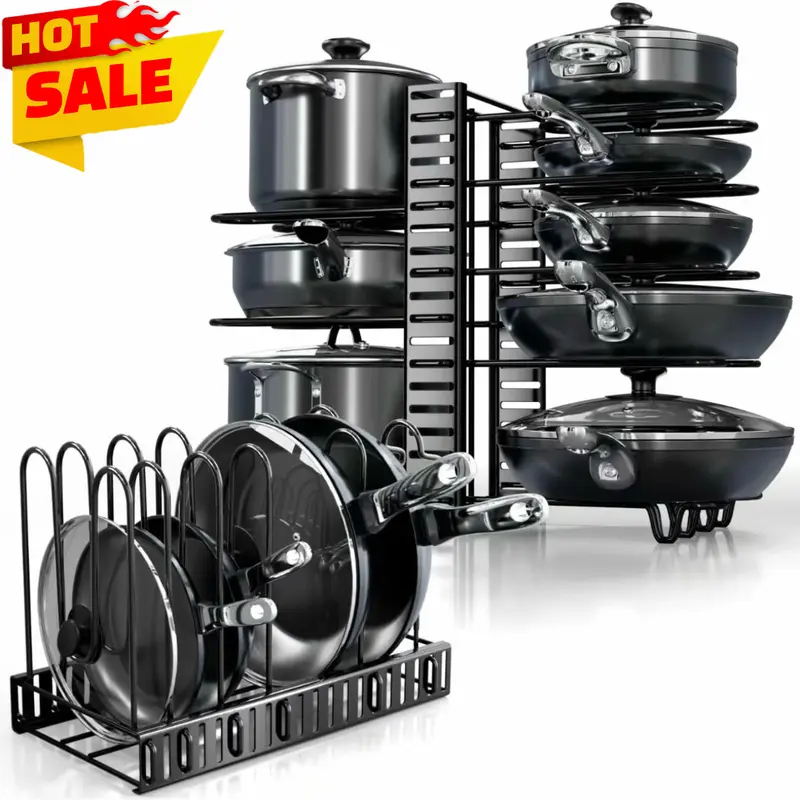 8-Tier Adjustable Under-Cabinet Metal Rectangle Pot and Pan Organizer Rack - Home Supplies, 3 DIY Mount Ways, Easy-Clean Iron, Durable Cabinet Insert Shelf with Rubber Feet, 2024 Summer Birthday Gift Idea