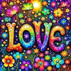 5D DIY Full Drill Diamond Painting Kit Rainbow Colored LOVE Letters Surrounded by Vibrant Flowers and Butterflies in a Whimsical Fantasy Garden with a Glowing Sun Round Square Diamond Mosaic Craft for Home Wall Decor Unique Art Gift for Romantic Colorful