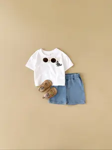 Summer Baby Clothing Dinosaur Embroidered T-Shirt + Sporty Denim Shorts, Comfortable Set for Infants, Casual Style Outfit