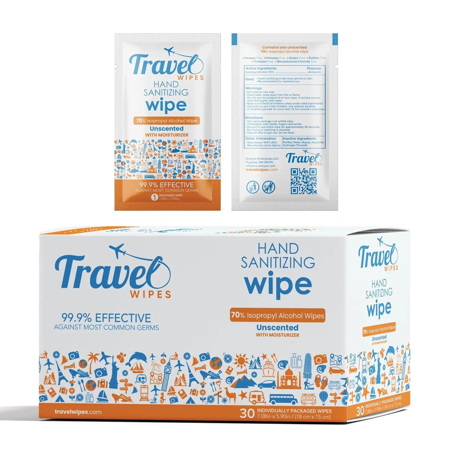 Hand Sanitizing Travel Wipes – 30ct Individually Wrapped | Fragrance-Free, Moisturizing, 70% Isopropyl Alcohol Wipes | Travel, Home, Office, Daily Use