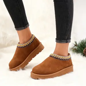 Women's Platform Slippers Mini Boots Suede Fuzzy Faux Fur Fleece-Lined Thick Sole Footwear Anti-Slip Cozy Winter Warm Short Ankle Boots Round Toe Slip-on Comfortable Casual Shoes for Indoor Outdoor