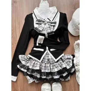 Ladies' Japanese style skirt set, sweet lace patch bow Y2k checkered mini skirt, elegant Lolita outerwear, sleeve set, tight corset, women's slim fit shorts