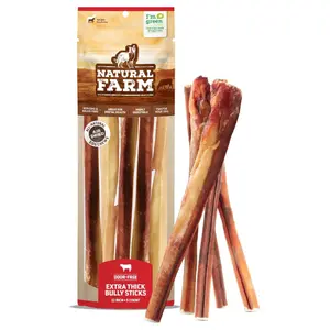 Natural Farm 12 Inch Extra Thick Bully Sticks - 50% More Chewing Time, 2x Mental Stimulation, High Protein, Grain-Free, Chemical-Free, 5 Count