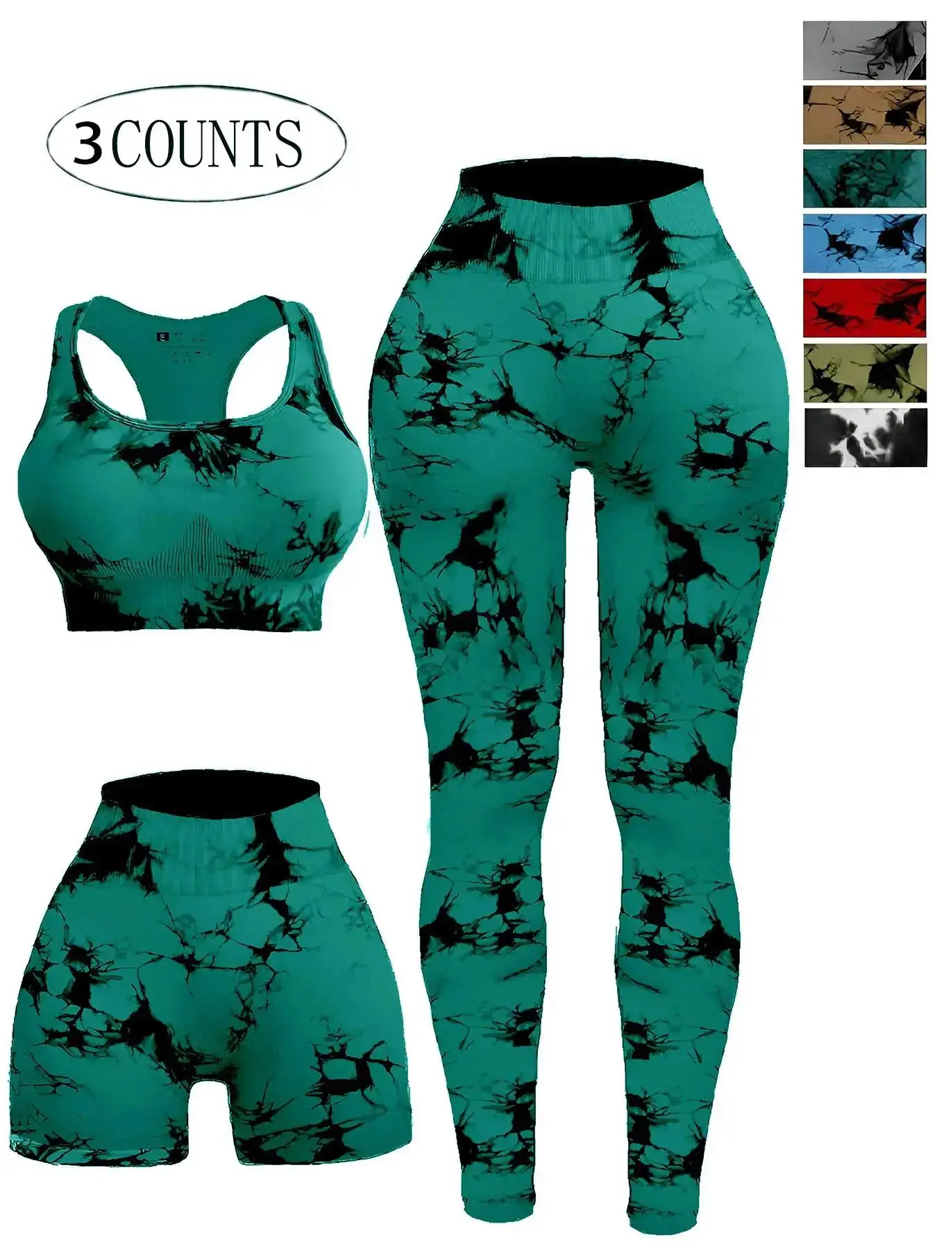 Women's 3pcs Tie Dye Print Ruched Sports Bra & High Waist Leggings & Skinny Shorts Tracksuit Set, Sleeveless Straps Top & High Stretch Seamless Yoga P