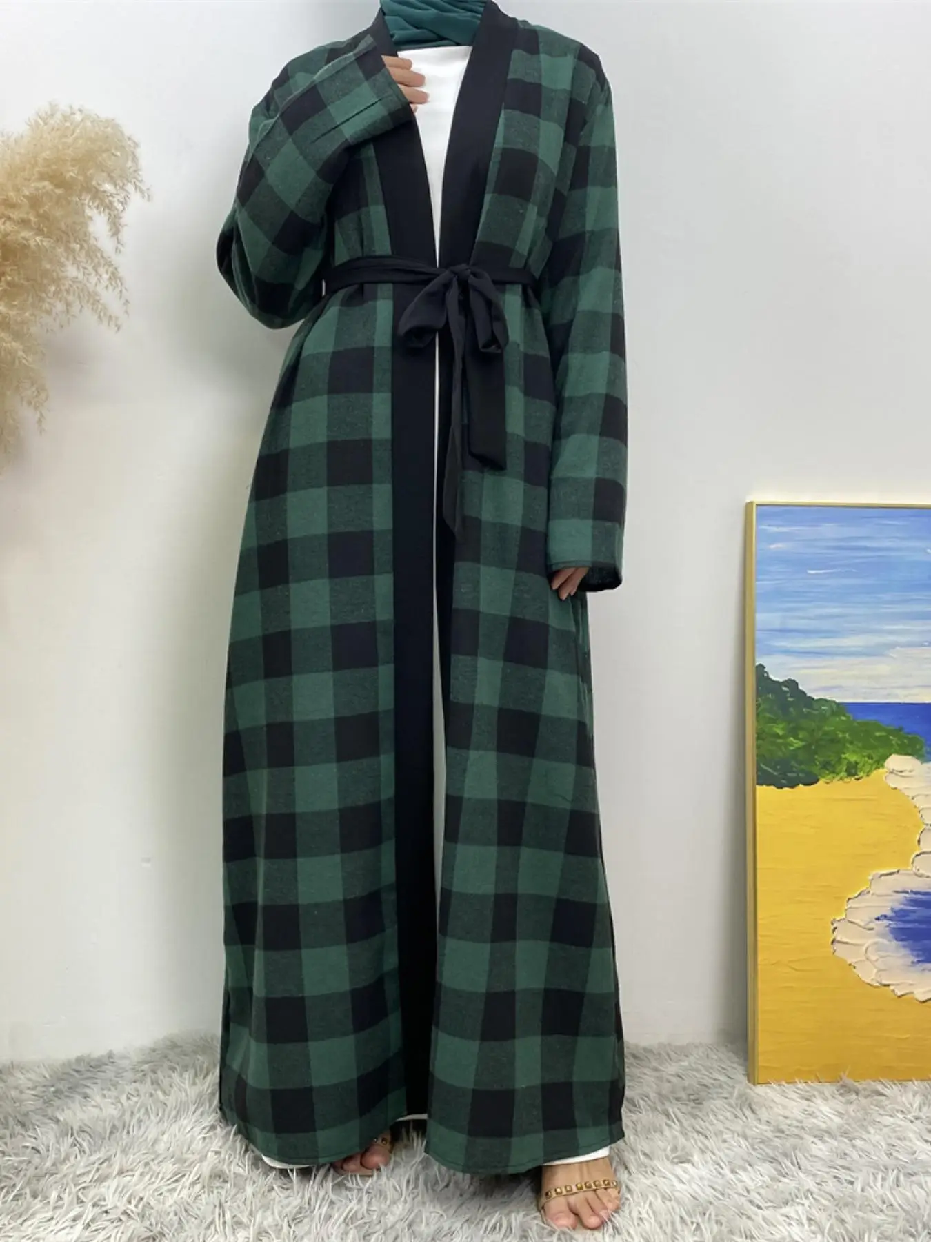 Women's Plaid Print Belted Open Front Abaya, Casual Long Sleeve Outerwear for Spring & Fall, Ladies Islamic Clothes for Daily Wear