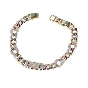 14K Gold Plated Tri-Color Cuban Link Bracelet with Iced Center Plate Diamond Cut Luxury Style 7” with Extension to 7.5”, Adjustable Size
