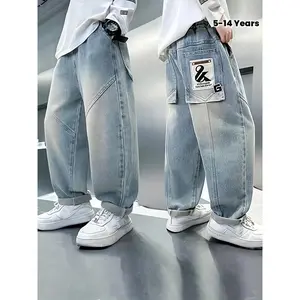 CUHK Heavy-Duty Wide-Leg Jeans Pants for Kids Large Pocket Logo Belt Loop All-Season Durable Denim Trousers Casual Streetwear Regular Fit Hand Washable