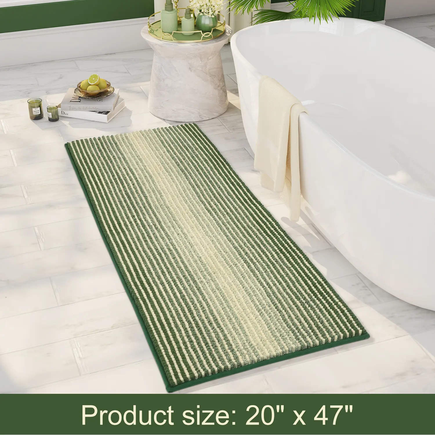 Large Bathroom Rugs, Bath Mat Rug for Bathroom Non Slip 20 x 47 Inches Water Absorbent Chenille Bathroom Runner Rugs Floor Mats Machine Washable (Sage and Cream)