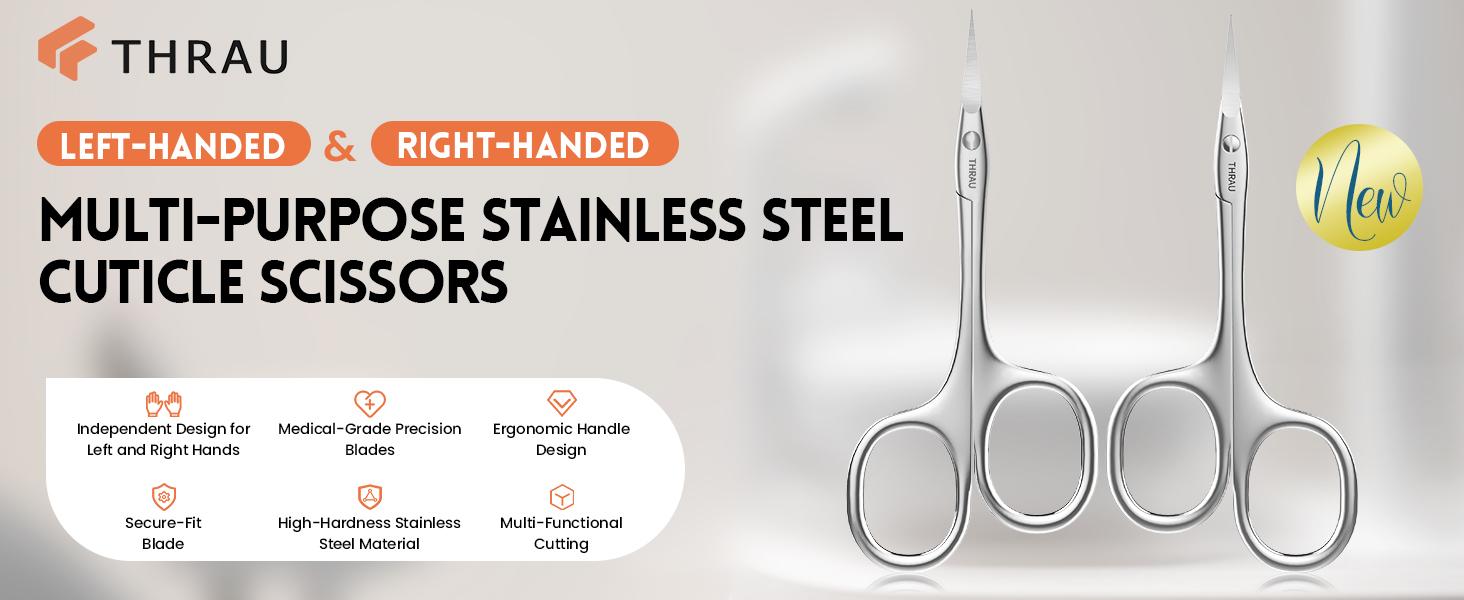 THRAU Right/Left-Handed Scissors – Surgical Grade Stainless Steel with Sharp Curved Tip for Cuticles, Nails, Eyebrows, Eyelashes, Nose Hair & Beard – Ideal for Manicure & Precise Grooming