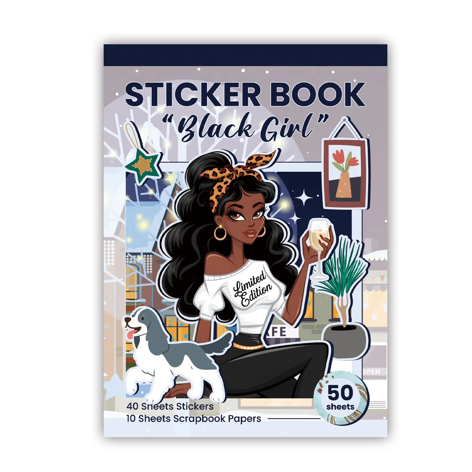 Melanin Black Girl Sticker Book (50 Sheets, 480 Pcs, 22×15 cm Per Sheet) - Hand-Drawn Afro-Aesthetic, Waterproof, Modern Premium Craft Paper Stickers for Journals, Scrapbooking