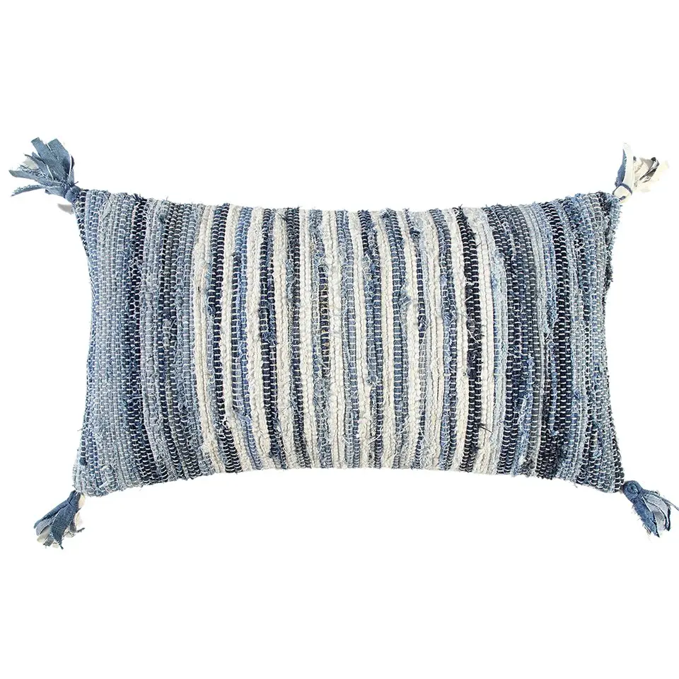 Denim & Blue Repurposed Woven Strips Lumbar Pillow