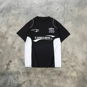 Men’s Summer Ice Silk Lightweight Striped Racing Motorcycle Short-Sleeve T-Shirt — Casual Loose Fit, Versatile Sportswear with Color-Blocked Panels