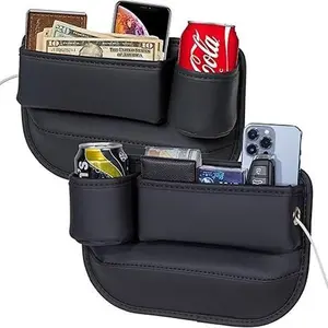 2 Packs Car Seat Gap Filler Organizer, Car Seat Organizer, Seat Gap Storage Box with Cup Holders for Drink, Car Leather Cup Holder Gap Bag Front Seat for Phone, Sunglasses,Keys(Left+Right Side)