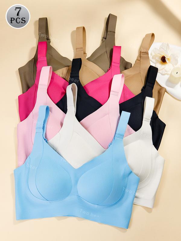 [7/5/4/3Pcs]Women's Solid Four-breastedAdjustable Wireless Bra,Curvy SoftComfortable BreathableRibbed PushUp Seamless Bra,Women's Lingerie forAll Seasons,Womenswear