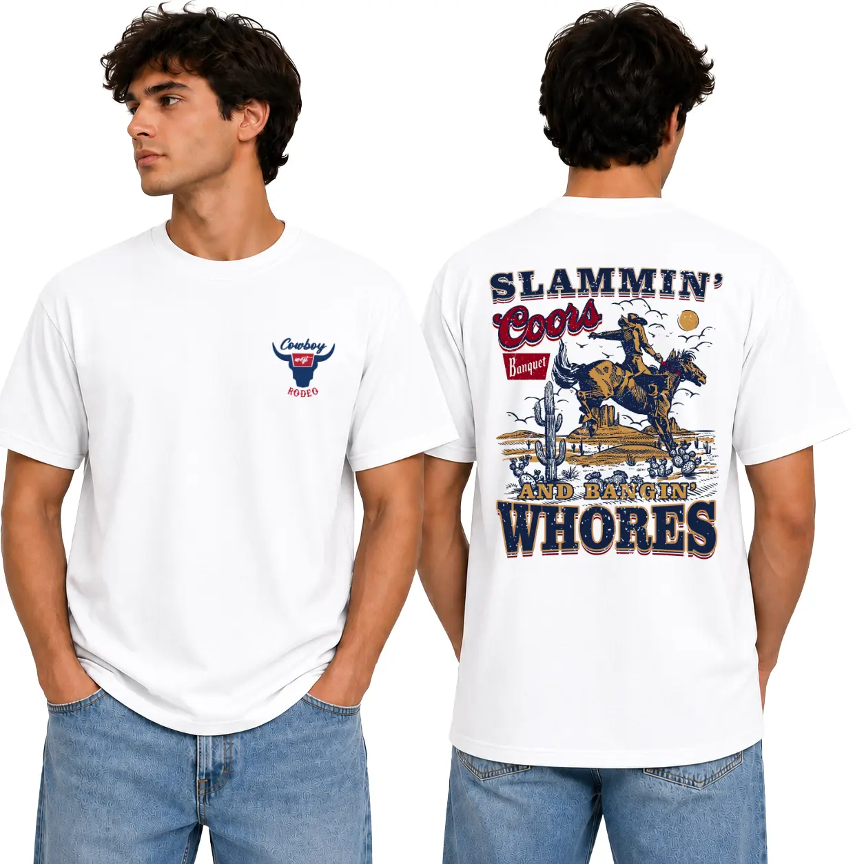 Vintage Cowboy Rodeo Graphic T-Shirt Western Ranch Double Sided Tee, Cowboy Bull Skull Western Graphic Tee Desert Ranch Tee