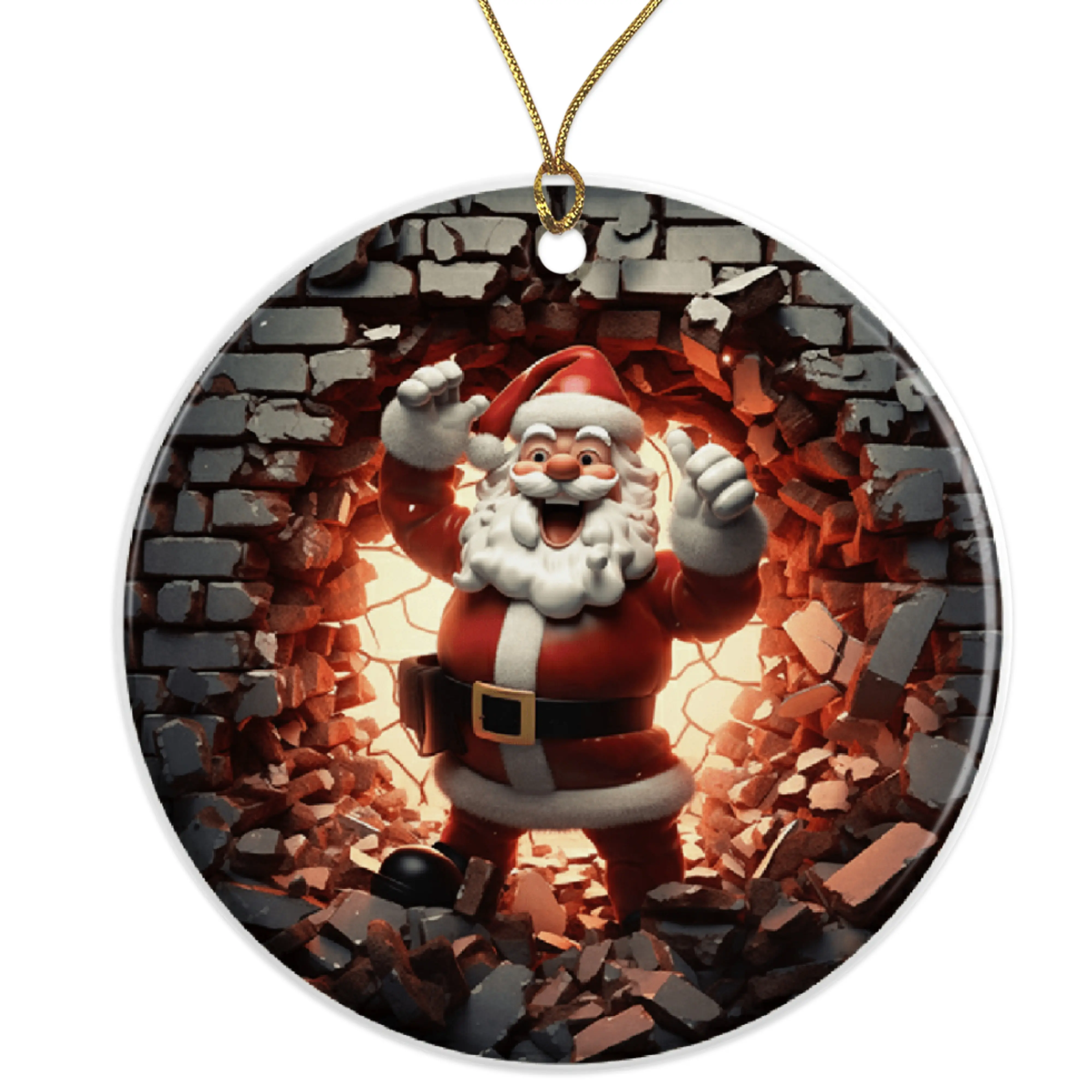 Funny Santa Through Wall Ornament - Santa Claus Christmas Decoration - Festive Holiday Decor - Unique Santa Ornament for Xmas Tree Ceramic Ornament - 3 Inch Christmas Tree Round Ornament - Xmas Holiday Decor - String Included - ORNW0158