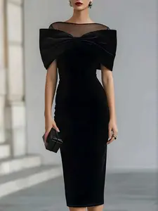 This Velvet Midi Dress is Old Money Gala Vibes  Sheer Mesh Neckline Bow Detail Bodycon Evening Dress