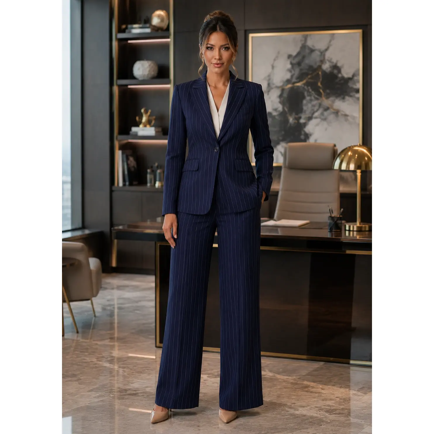 Navy Pinstripe 3-Piece Power Suit Set for Women | Tailored Blazer, Wide-Leg Pants & White Top