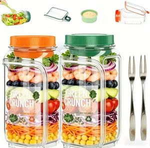 2 PCS Portable Salad Jar with Side Opening Leakproof, On the Go Salad Jars with Lid, Side Opening, Vertical Layering Design & Dressing Cup for Home, Office, Picnic, Travel (Green, Orange) Free Stickers & Fruit Fork Included