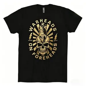 Warheads No Foreheads, Skull With Bomb On Forehead, Distressed Gold Foil Texture, Sunburst Radiant Rays, Military Slogan, Since 1947, Lightning Bolt Accents, Black T-Shirt Print, Veteran Military Apparel, Edgy Streetwear Graphic