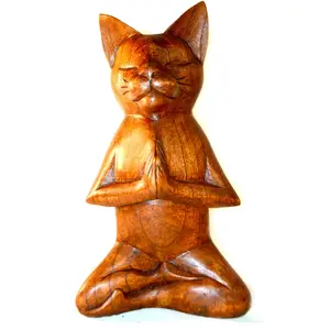 Meditating Yoga Kitty Statue Hand Painted Carved Wood Praying Cat Kitten Siamese