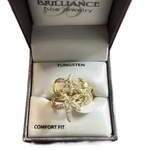 Anillo de oro laminado de 14 K con cuatro baños de la marca XP de uso diario precioso y muy duradero hermosos y brillantes con piedras en forma de estrella de mar # 7