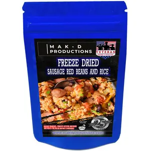MAK D Productions - Freeze Dried Meal  - Pork - Rice - Sausage Red Beans and Rice - Gourmet Recipes by a Sullivan University (Louisville, Kentucky) Culinary Chef Graduate - NEVER BLAND TASTING - MADE IN THE USA