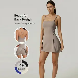 Women's Backless Tennis Dress with Spaghetti Straps – Square Neck, Side Slit Athletic Golf Dress for Workouts & Gym Sessions