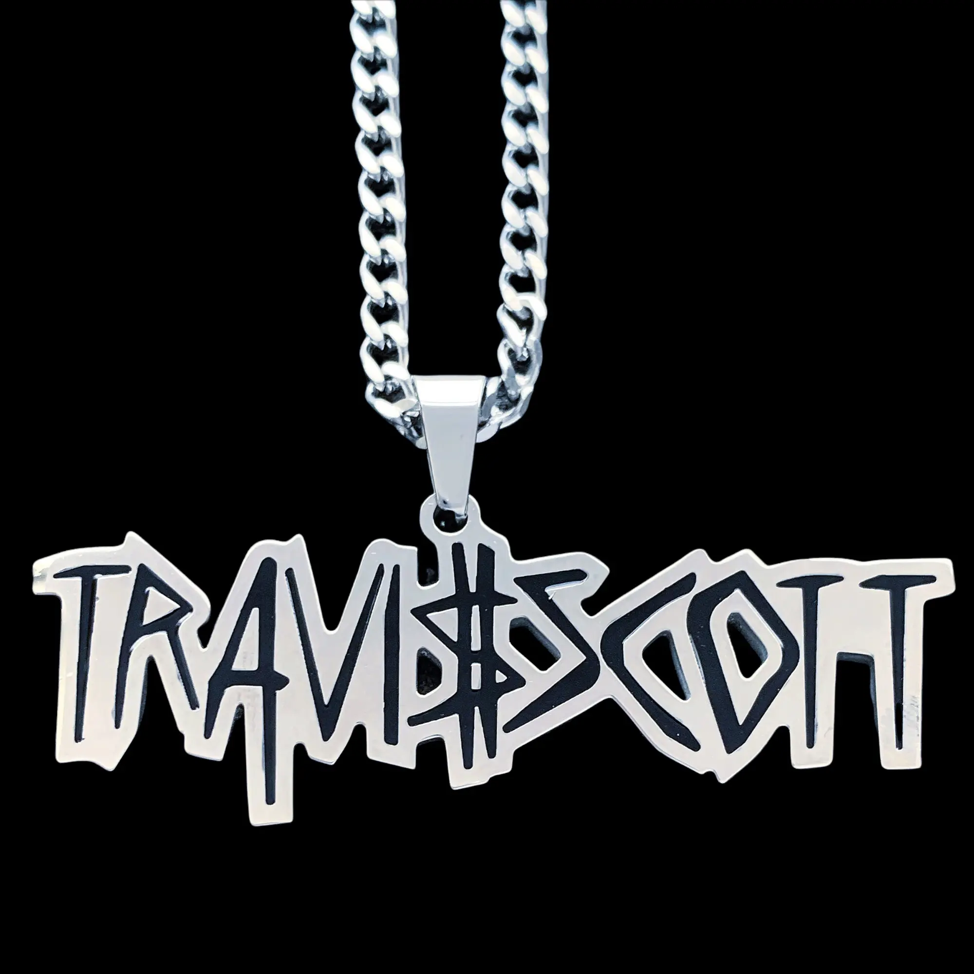 Travis Necklace - 2" Mirror Polished Cactus Jack Pendant in Stainless Steel with Black Enamel Laser Cut Hypoallergenic Choice of Chain Scott Free Gift Included