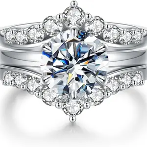 GRA Certified 3CT Round Cut D-VVS1 Moissanite Engagement Ring Stack, Stylish Anti-Anxiety Wedding Ring Sets summervibes queen