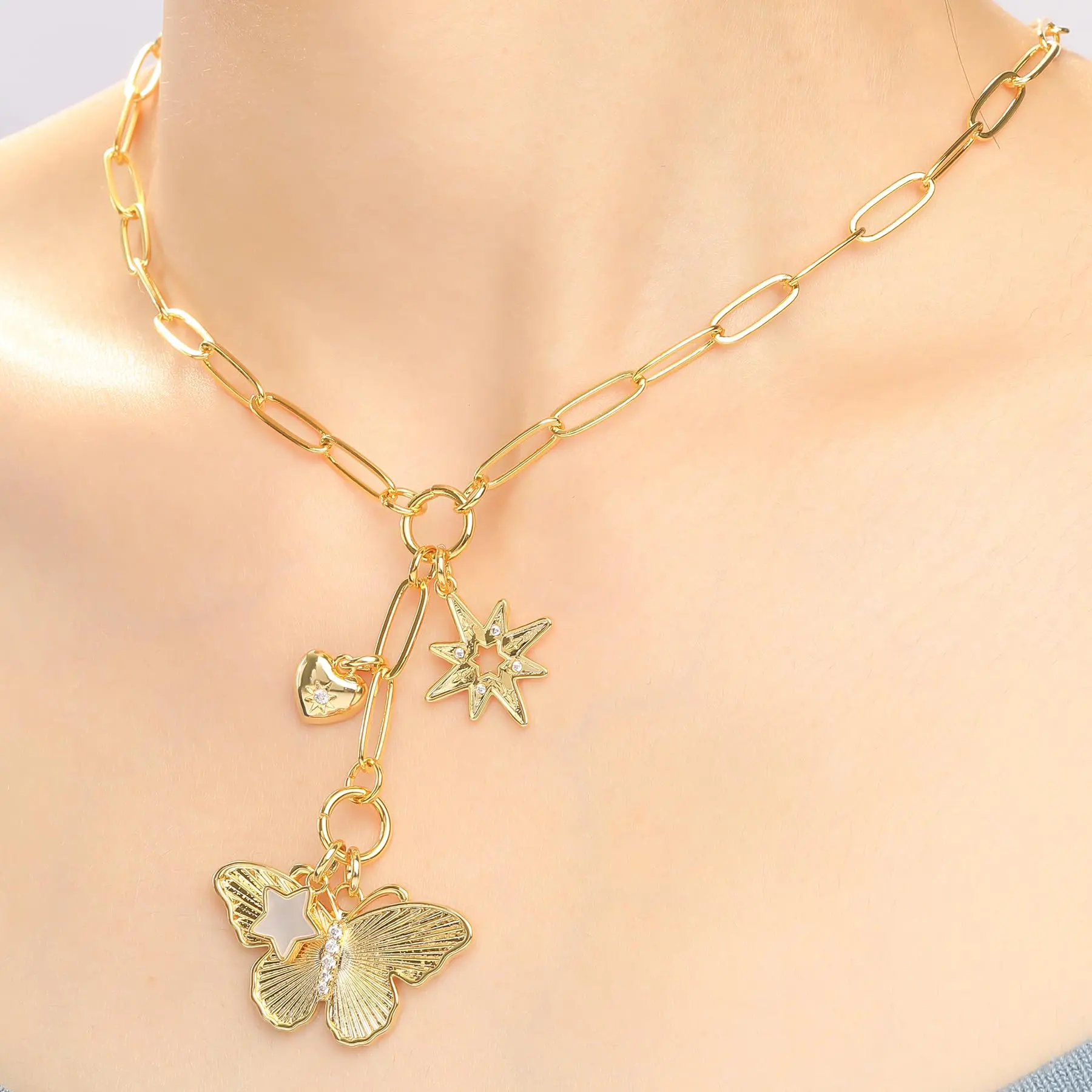 NEKOL Evil Eye Conch Peace Sign Butterfly Charm Necklace for Women, 14K Gold Plated Choker Charm Necklace, Paperclip Cubic Zircon Trendy Necklace Jewelry Gift for Christmas Day