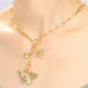 NEKOL Evil Eye Conch Peace Sign Butterfly Charm Necklace for Women, 14K Gold Plated Choker Charm Necklace, Paperclip Cubic Zircon Trendy Necklace Jewelry Gift for Christmas Day