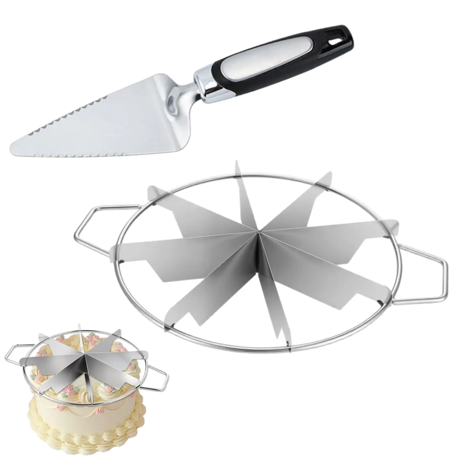 Cake Slicer Tool Set, 8 Slice Pie Cutter & Bilateral Serrated Cake Spatula, 13.78" Stainless Steel Pie Slicer Cheesecake Cutter, Commercial-Grade Cake Slicer for Even Slices, Perfect for Pies, Pizzas, Desserts
