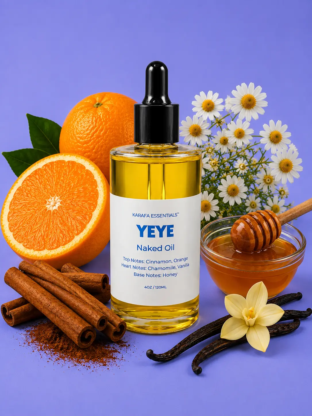 Yeye Moisturizing Body Shimmer Oil with Cinnamon, Orange, Chamomile, Vanilla, Honey for Radiant Skin by Karafa Essentials