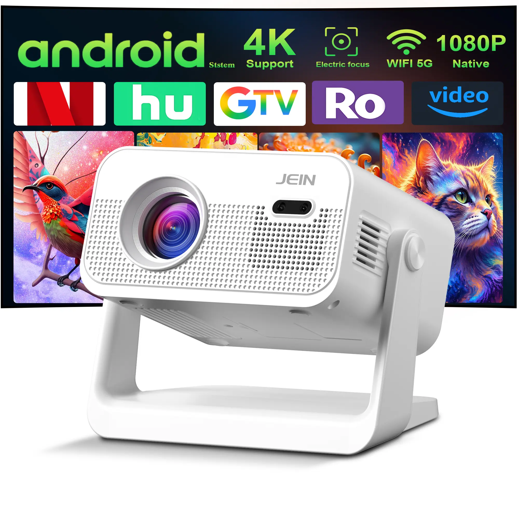 4K Portable Android Projector with 1080P Native Resolution, WiFi 5G, Electric Focus – Projector for Bedroom, Compatible with Audio Systems, Headphones, Phones, Computers for Streaming, Gaming, Home Use