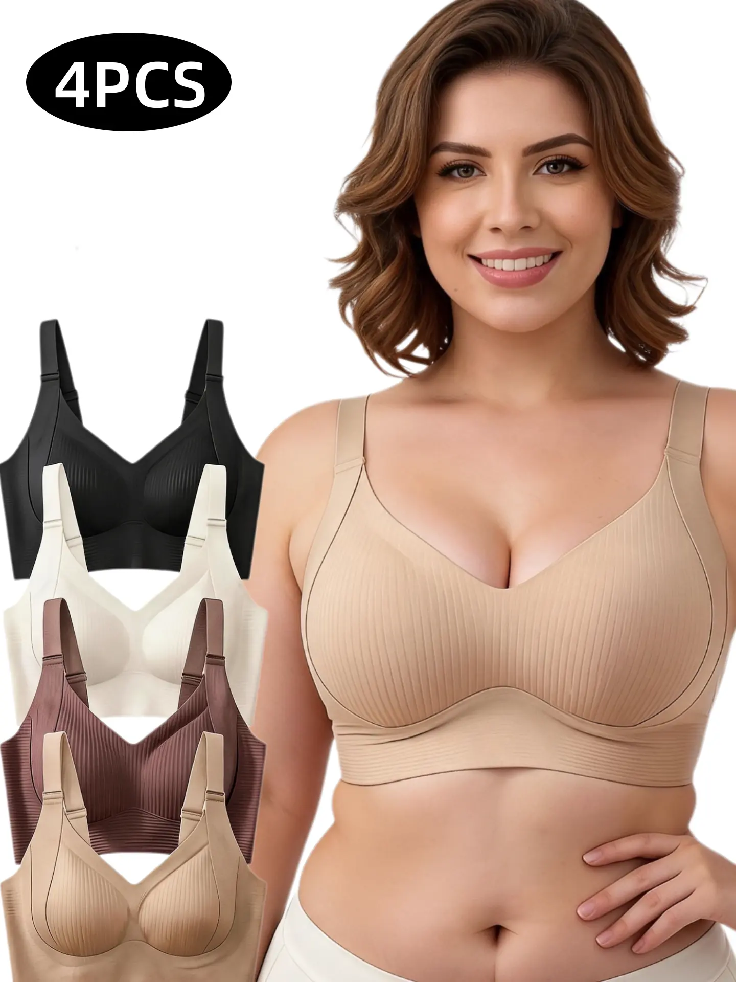 Women's 4PCS Plus Size Polyester Wireless Bra for Large Busts - Anti-Sagging Full Coverage Shaping, High Side Widening Anti-External Expansion Seamless Ribbed Everyday Underwear (Halloween, Christmas, Wedding, Chinese New Year) DealsforYouDays summerwins,