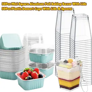 Top Party Essentials! 50Pcs Mini Square Aluminum Foil Baking Boxes With Lids + 50Pcs Plastic Dessert Cups With Lids & Spoons  Great for cake, ice cream, fruit, pudding! Perfect for parties, gatherings, business sales & outdoor picnics