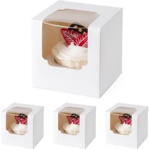 50 Pack Individual Cupcake Containers, Food Grade Cupcake Boxes with Window, Stackable Deep Cupcake Holders with Inserts, Cupcake Carrier (White)
