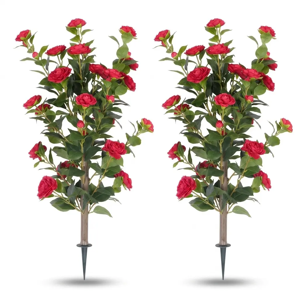 2 Pack Real Touch Artificial Camellia Flowers with Ground Spike - UV Resistant Silk Fake Flowers for Outdoor Garden, Cemetery Decoration, Window Box & Porch, 3" Tall Vibrant Faux Camellias (Red)