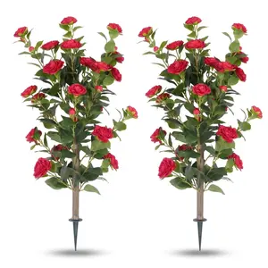 2 Pack Real Touch Artificial Camellia Flowers with Ground Spike - UV Resistant Silk Fake Flowers for Outdoor Garden, Cemetery Decoration, Window Box & Porch, 3" Tall Vibrant Faux Camellias (Red)