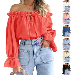 FMEYOA Womens Off Shoulder Blouses Long Puff Sleeve Elegant Ruffle Shirt Tops