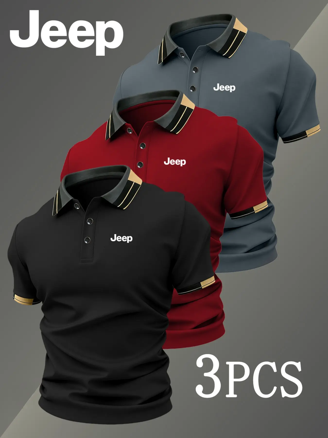 Men's Golf Polo Shirts Set, Jeep Logo Print, Fitted Casual Style, Breathable and Comfortable, Four-Season Wear, High-Quality Polo Shirts, Fitness Casual Wear, Casual Breathable Sportswear