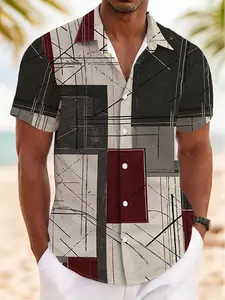 New Summer Men's Short Sleeve Shirt, Vintage Geometric Print, Casual Breathable Beach Holiday Hawaiian Shirt, Slim-Fitting Style