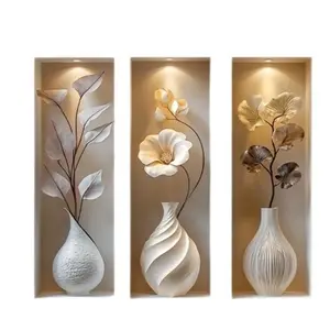 3-Piece 3D Illusion Floral Wall Stickers, 20x50cm Realistic Flower Vase Wall Decals, Self-Adhesive Removable Wall Art Decor for Home Decor, Bedroom Decor