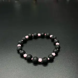 Pink Flower Lava Stretchy Bracelet - Black Beads with Pink Flowers, Adjustable Fit, Simple Design, Perfect for Everyday Wear
