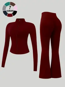 Women's 2 Piece Workout Yoga Sets, Stand Collar Full Zip Long Sleeve Jacket, High Waist Tummy Control Butt Lifting Long Pants, Solid Color Breathable Slim Fit Figure Flattering Tracksuits for Gym Running Training Daily Casual Wear New Arrival