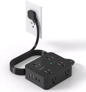 Power Strip Surge Protector,  5Ft Ultra Thin Flat Extension Cord with Multiple Outlets, 8 Widely Outlet Extender 4 USB Ports(2 USB C), 1080J Wall Mount for College Dorm Room Essentials Black