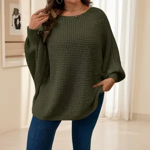 Plus Size Solid Batwing Sleeve Boat Neck Sweater, Fall Outfits? Casual long-sleeve jumper for autumn, women’s plus-size clothing for everyday wear? Back To School Outfit